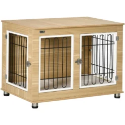 PawHut Cage Pour Chien Sur Pied - 2 Portes Verrouillables, Coussin Déhoussable Inclus - Acier Filaire Noir Panneaux Aspect Bois Clair
