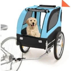 COSTWAY Remorque Velo Pliable Pour Chien Animaux En Oxford Canvas, Poussette De Transport Pour Chien Avec Drapeau, 8 Reflecteurs Et Toit Ouvrant, Charge Max 40 Kg-Bleu