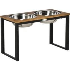 PawHut Gamelle Double Chien Porte-gamelles Surélevé 2 Gamelles Acier Inox. Incluses Plateau Aspect Bois Clair