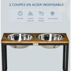 PawHut Gamelle Double Chien Porte-gamelles Surélevé 2 Gamelles Acier Inox. Incluses Plateau Aspect Bois Clair -Promos Patto Chou Boutique 86616594 4