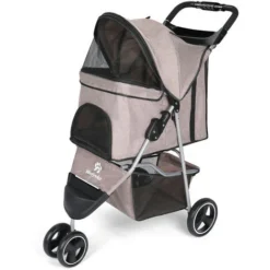 Poussette Pour Chien Pliable,3 Roues Poussette Buggy Pour Chien ,Tissu 600D Oxford Imperméable Avec Panier De Rangement Et Fenêtre En Filet Poussette De Voyage Pour Animaux De Compagnie (Marron)