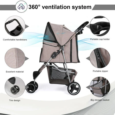 Poussette Pour Chien Pliable,3 Roues Poussette Buggy Pour Chien ,Tissu 600D Oxford Imperméable Avec Panier De Rangement Et Fenêtre En Filet Poussette De Voyage Pour Animaux De Compagnie (Marron) 3 Poussette Pour Chien Pliable,3 Roues Poussette Buggy Pour Chien ,Tissu 600D Oxford Imperméable Avec Panier De Rangement Et Fenêtre En Filet Poussette De Voyage Pour Animaux De Compagnie (Marron) – Image 3