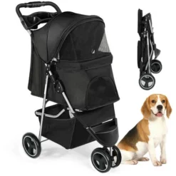 Poussette Pour Chien Pliable,3 Roues Poussette Buggy Pour Chien ,Tissu 600D Oxford Imperméable Avec Panier De Rangement Et Fenêtre En Filet Poussette De Voyage Pour Animaux De Compagnie (Noir)