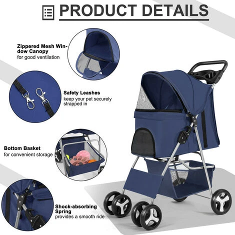 Poussette Buggy Pliable Pour Chien 4 Roues Tissu 600D Oxford Imperméable Avec Panier De Rangement Et Fenêtre En Filet Poussette De Voyage Pour Animaux De Compagnie-Bleu Foncé 3 Poussette Buggy Pliable Pour Chien 4 Roues Tissu 600D Oxford Imperméable Avec Panier De Rangement Et Fenêtre En Filet Poussette De Voyage Pour Animaux De Compagnie-Bleu Foncé – Image 3