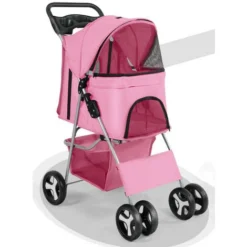 Poussette Buggy Pliable Pour Chien 4 Roues Tissu 600D Oxford Imperméable Avec Panier De Rangement Et Fenêtre En Filet Poussette De Voyage Pour Animaux De Compagnie-Rose