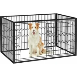 FEANDREA Parc Pour Chien, Clôture, Enclos, Cage, 4 Panneaux Rectangulaires, Porte Coulissante Avec Doubles Verrous, 122 X 80 X 70 Cm, Pour Intérieur, Chiens, Lapins, Noir Par Songmics PPK003B01