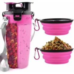 Bouteille D'eau Pour Chien Avec 2 Bols Pliables Portable 2 En 1 Bouteille D'eau Et Nourriture Pour Chiens Chat Animaux, Voyage Bouteille Pour La Marche, Exercice, Randonnée, Camping (Rose)