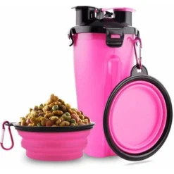 Bouteille D'eau Pour Chien, 2 En 1, Portable, étanche, Pour Chien, Avec 2 Gamelles Pliables Pour Chien, Rose